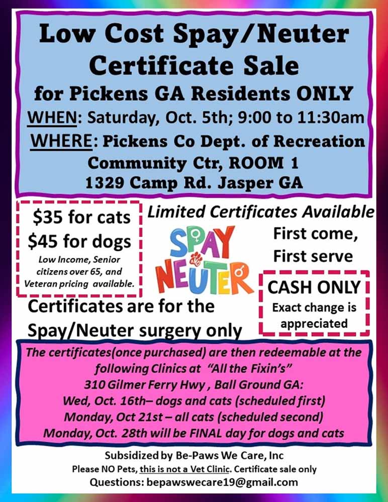 Low Cost Spay/Neuter Certificate Sale