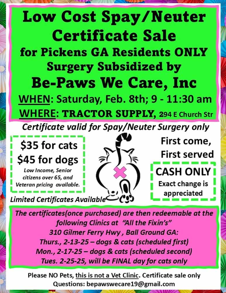 Low Cost Spay/Neuter Certificate Sale