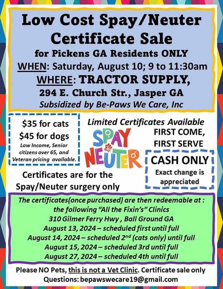 Low Cost Spay/Neuter Certificate Sale