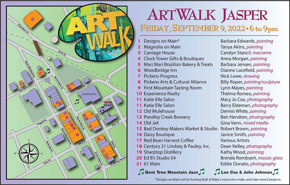 ARTWalk Jasper Map of participating business and artists.